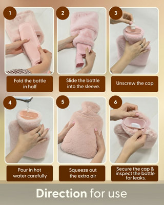 Hot Water Bottle With Cover; Premium Faux Fur Cover; Large 2L Capacity; Brown/White/Grey