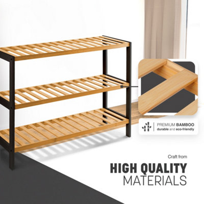 KEPLIN Natural Wooden & Black 3 Tier Natural Bamboo Shoe Rack Easy Assembly & Strong Design Shelf Organiser