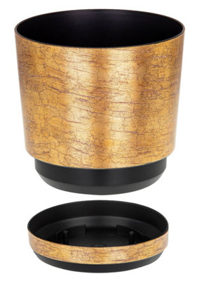Kerd Antique Gold Effect Indoor Plant Pot with Saucer. Gloss Plastic ...