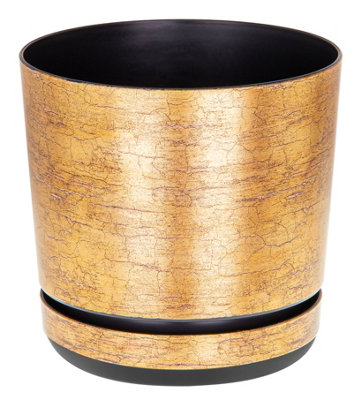 Kerd Antique Gold Effect Indoor Plant Pot with Saucer. Gloss Plastic ...