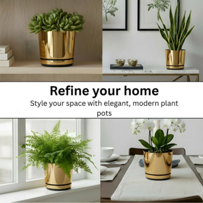 Kerd Mirror Gold Effect Indoor Plant Pot with Saucer. Gloss Plastic ...