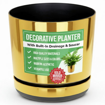 Kerd Mirror Gold Effect Indoor Plant Pot with Saucer. Gloss Plastic ...