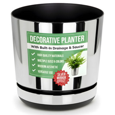 Kerd Silver Mirror Indoor Plant Pot with Saucer Gloss Plastic Flower ...