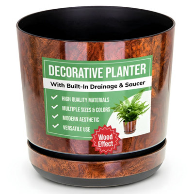 KERD WOOD EFFECT EXTRA LARGE INDOOR PLANT POT WITH SAUCER. MODERN GLOSS  PLASTIC PLANTER WITH DRAINAGE