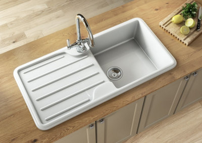 Kersin Dante Gloss White Composite Fireclay Style 1 Bowl Sink & Drainer (W) 500 x (L) 1000mm
