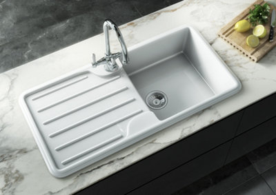 Kersin Dante Gloss White Composite Fireclay Style 1 Bowl Sink & Drainer (W) 500 x (L) 1000mm