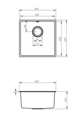 Kersin Dante Matt Black Composite Undermount 1 Bowl Sink & Drainer (W) 440 x (L) 440mm