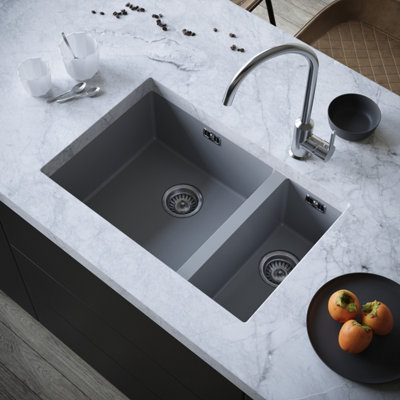 Kersin Dante Matt Grey Composite Undermount 1.5 Bowl Sink & Drainer (W) 670 x (L) 440mm