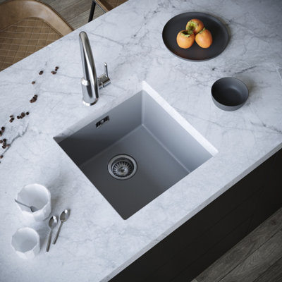 Kersin Dante Matt Grey Composite Undermount 1 Bowl Sink & Drainer (W) 440 x (L) 440mm