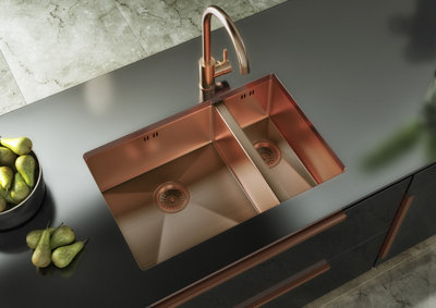 Kersin Elite Brushed Copper Undermounted 1.5 Bowl Sink (W) 670 x (L) 440mm