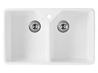 Kersin Lamont Gloss White Double Bowl Belfast Fireclay Ceramic Kitchen Sink with Overflow (W) 500 x (L) 795mm