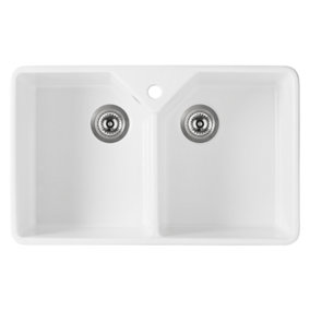 Kersin Lamont Gloss White Double Bowl Belfast Fireclay Ceramic Kitchen Sink with Overflow (W) 500 x (L) 795mm