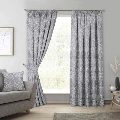 Keswick Grey Woven Leaf 3" Pencil Pleat Curtains | DIY at B&Q