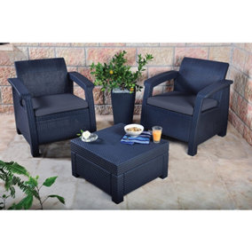 Keter Corfu 2 Seater Balcony Garden Outdoor Rattan Furniture Set - Graphite with Grey Cushions