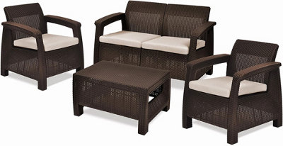 Keter Corfu Brown Outdoor 4 Seater Rattan Sofa Furniture