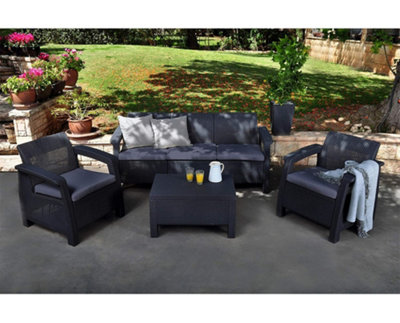 Keter Corfu Outdoor 5 Seater Rattan Effect Sofa Furniture Set with ...