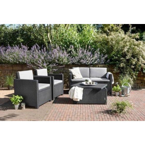 Keter Monaco Lounge Set with Cushion Box Table 2 Chairs and 1 Sofa