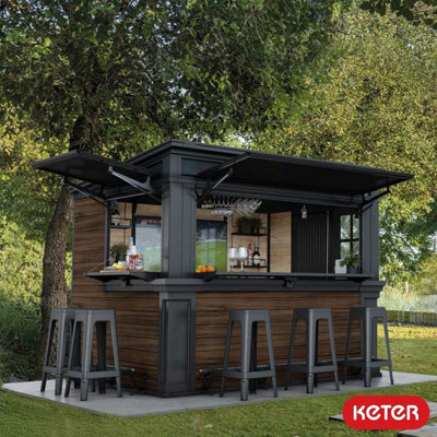 Keter Rosewood Garden Bar Shed 9.1ft x 6.8ft Lockable Outdoor Bar with ...