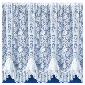 Kew Traditional Floral White Net Curtain Flounce (Width - 200cm x Drop - 107cm)