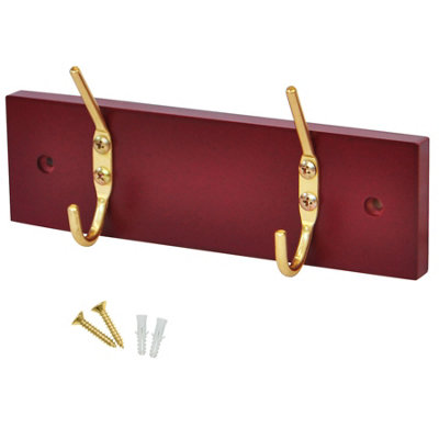 keypak 2-Hook Door Wall Mounted Coat Rack, 19.5cm - Mahogany Effect Wooden Board, Brass Plated Coat Hooks - Fixings Included