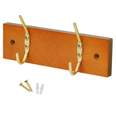 keypak 2-Hook Door Wall Mounted Coat Rack, 19.5cm - Pine Wooden Board, Brass Plated Coat Hooks - Fixings Included