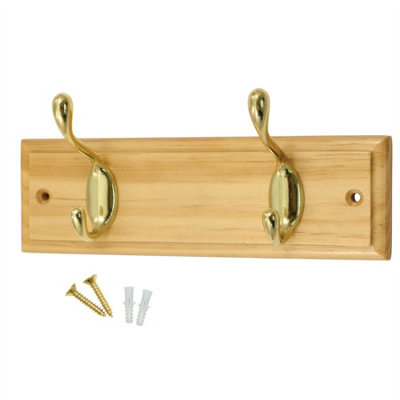 keypak 2-Hook Wall-Mounted Coat Rack, 22.5cm - Pine Wood Effect Board, Polished Brass Coat Hooks - Fixings Included