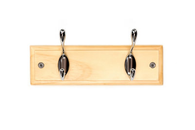 keypak 2-Hook Wall-Mounted Coat Rack, 22.5cm - Pine Wood Effect Board, Polished Chrome Coat Hooks - Fixings Included