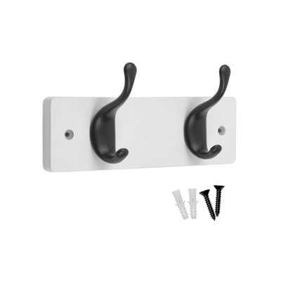 keypak 2 Matte Black Coat Hooks on White Wooden Board - 22.5cm Modern Wall Mounted Coat Rack