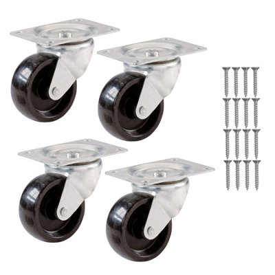 Keypak 32mm Swivel Castor Wheels -Fixing Plate-Black Plastic-4Pk -18kg Load -Easy-Roll for Sofas, Chairs, Tables & Light Furniture