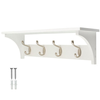 Keypak 4 Coat Rack White Wooden Storage Shelf - 56cm - Satin Nickel Hooks - Wall Mounted Rail for Hallways, Bedrooms & Kitchens