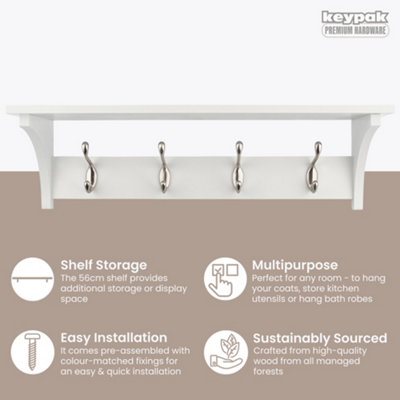Keypak 4 Coat Rack White Wooden Storage Shelf 56cm - Satin Nickel Hooks ...