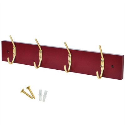 keypak 4-Hook Door Wall Mounted Coat Rack, 38cm - Mahogany Effect Board, Brass Plated Coat Hooks - Fixings Included