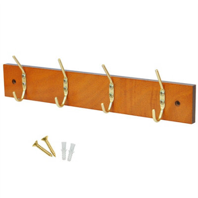 keypak 4-Hook Door Wall Mounted Coat Rack, 38cm - Pine Wooden Board, Brass Plated Coat Hooks - Fixings Included