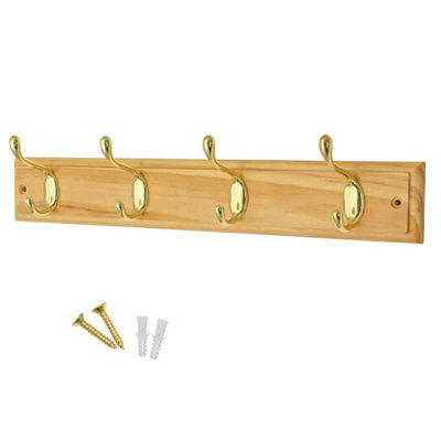 keypak 4 Hook Wall-Mounted Coat Rack, 45cm - Pine Wood Effect Board, Polished Brass Coat Hooks - Fixings Included