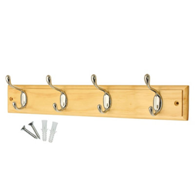 keypak 4-Hook Wall-Mounted Coat Rack, 45cm - Pine Wood Effect Board, Polished Chrome Coat Hooks - Fixings Included