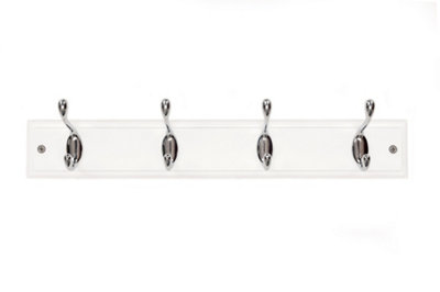 keypak 4-Hook Wall-Mounted Coat Rack, 45cm - White Wooden Board, Chrome  Coat Hooks - Fixings Included