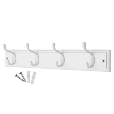 keypak 4-Hook Wall-Mounted Coat Rack, 45cm - White Wooden Board, White Coat Hooks - Fixings Included