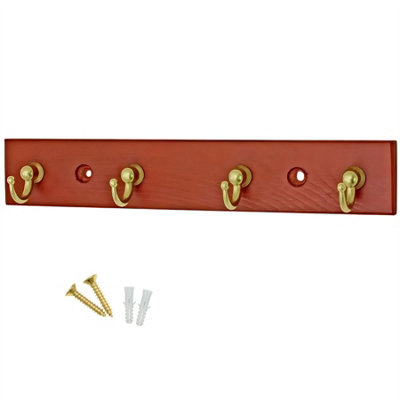 keypak 4-Hook Wall-Mounted Key Tidy, Key Holder for Entryway Hallway Living Room, Brass on Mahogany - Fixings Included