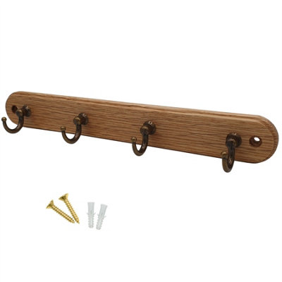 keypak 4-Hook Wall-Mounted Key Tidy, Key Holder for Entryway Hallway Living Room, Brass on Oak - Fixings Included