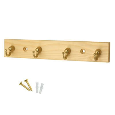 keypak 4-Hook Wall-Mounted Key Tidy, Key Holder for Entryway Hallway Living Room, Brass on Pine - Fixings Included