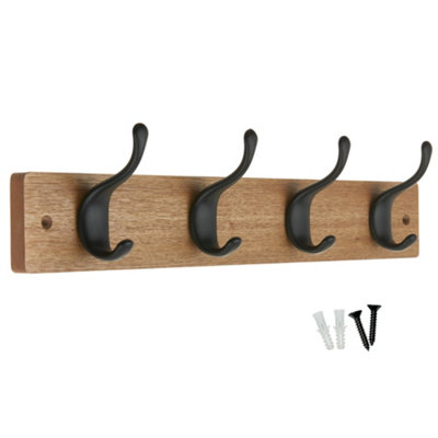 Keypak 4 Matte Black Coat Hooks on Ash Effect Wooden Board - 42cm Modern Wall Mounted Coat Rack Clothes Hanger