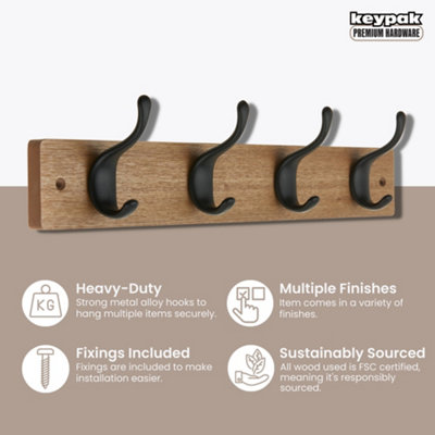Keypak 4 Matte Black Coat Hooks on Ash Effect Wooden Board - 42cm Modern Wall Mounted Coat Rack Clothes Hanger