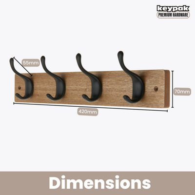 Keypak 4 Matte Black Coat Hooks on Ash Effect Wooden Board - 42cm Modern Wall Mounted Coat Rack Clothes Hanger