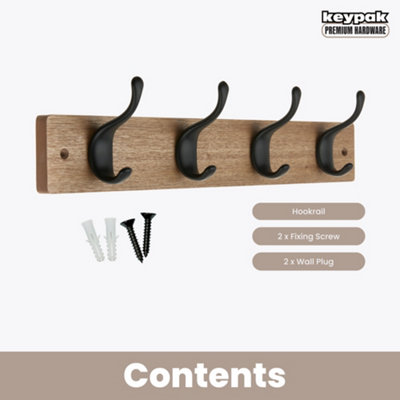 Keypak 4 Matte Black Coat Hooks on Ash Effect Wooden Board - 42cm Modern Wall Mounted Coat Rack Clothes Hanger