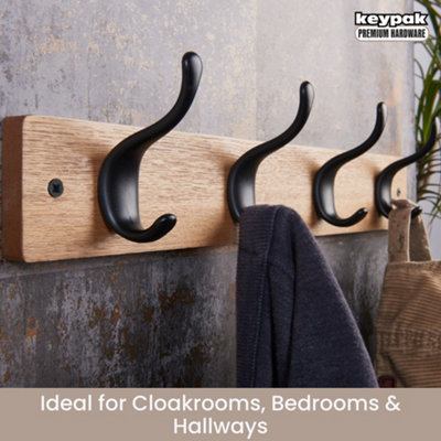 Keypak 4 Matte Black Coat Hooks on Ash Effect Wooden Board 46cm Modern Wall Mounted Coat