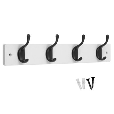 keypak 4 Matte Black Coat Hooks on White Wooden Board - 46cm Modern Wall Mounted Coat Rack Clothes Hanger