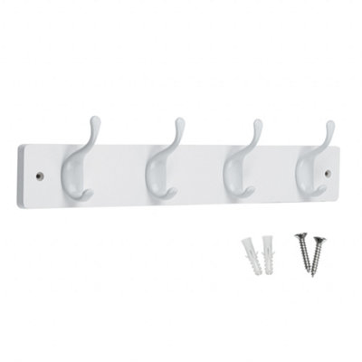 keypak 4 White Coat Hooks on White Wooden Board - 46cm Modern Wall Mounted Coat Rack Clothes Hanger