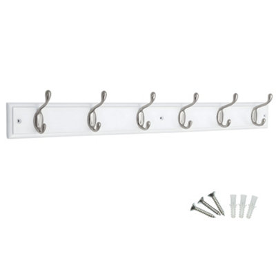 keypak 6 Coat Hooks Wall-Mounted Coat Rack, 68cm - White Wooden Board, Satin Nickel Hooks - Fixings Included