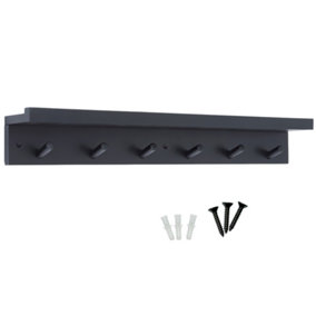 Keypak 6 Coat Hooks with Shelf, 68cm Wooden Floating Shelf with Lip, Wall Mounted Coat Rack Hallway Organiser (Black)