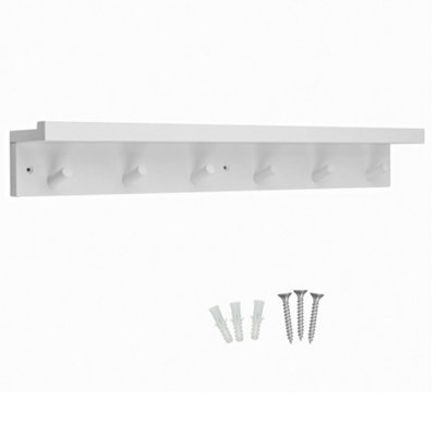 Keypak 6 Coat Hooks with Shelf, 68cm Wooden Floating Shelf with Lip, Wall Mounted Coat Rack Hallway Organiser (White)